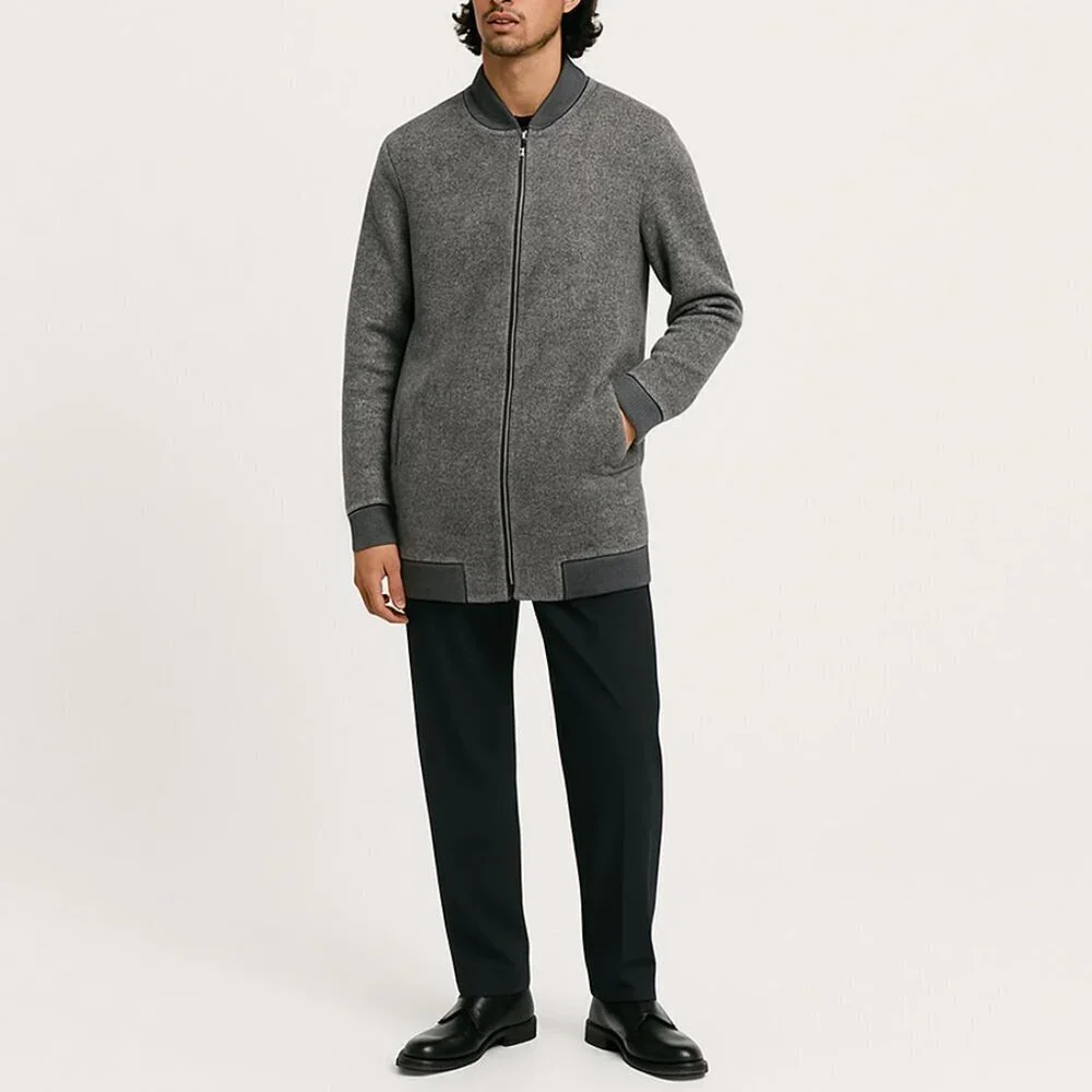 MNG Grey Knit Longline Bomber Jacket Coat M Felted Fabric